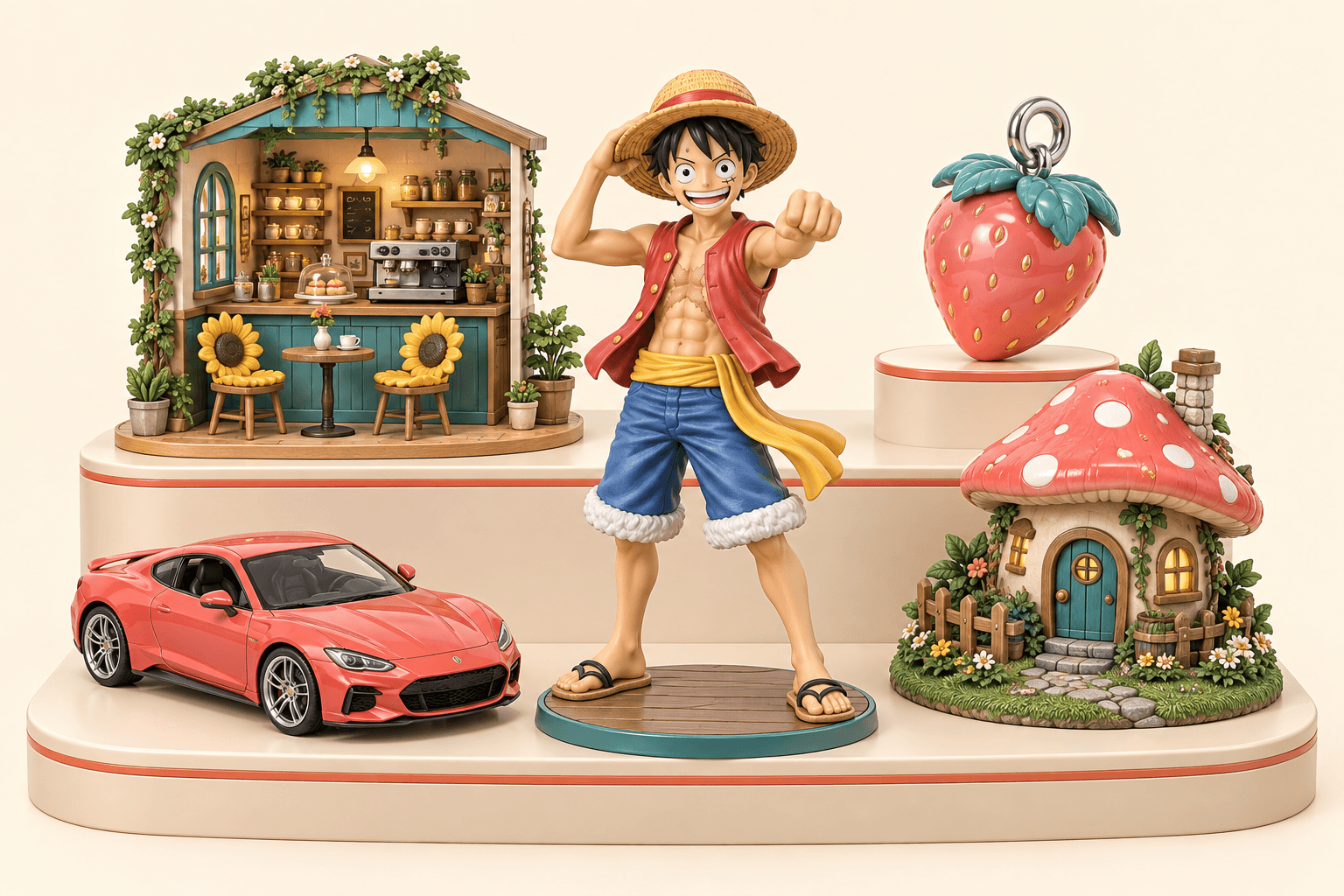 Luffy, a model car, strawberry charm and miniature cottages