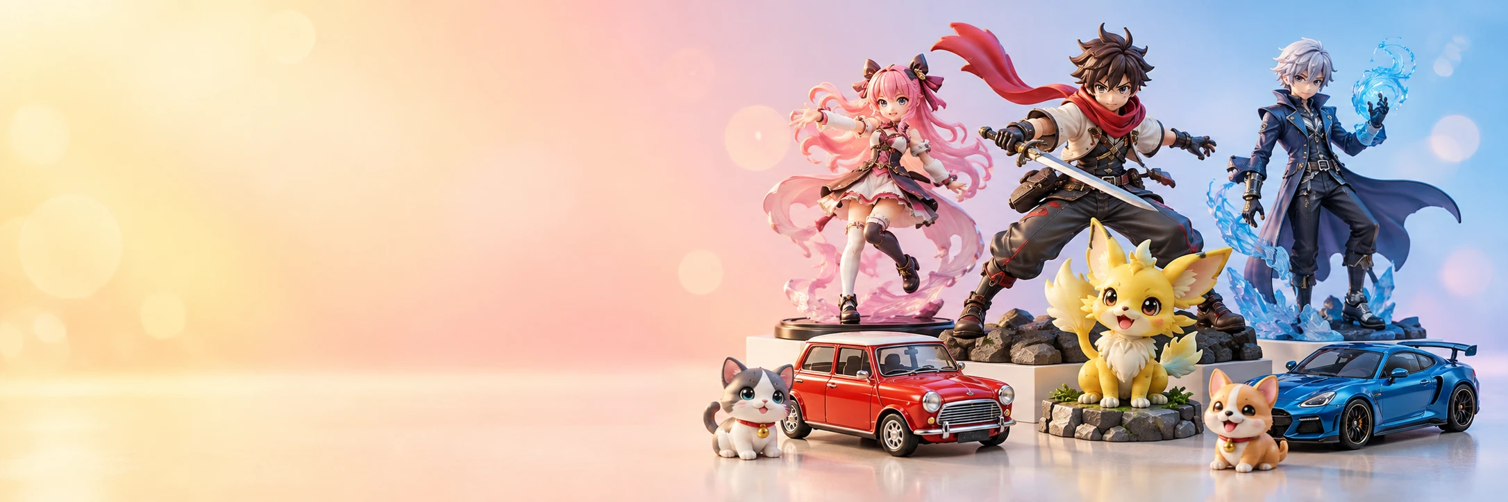 Anime figures, miniature cars and cheerful animal collectibles